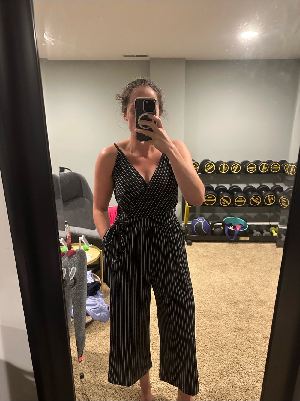 Kaileigh Black Pinstripe Wrap Jumpsuit with Tie Waist